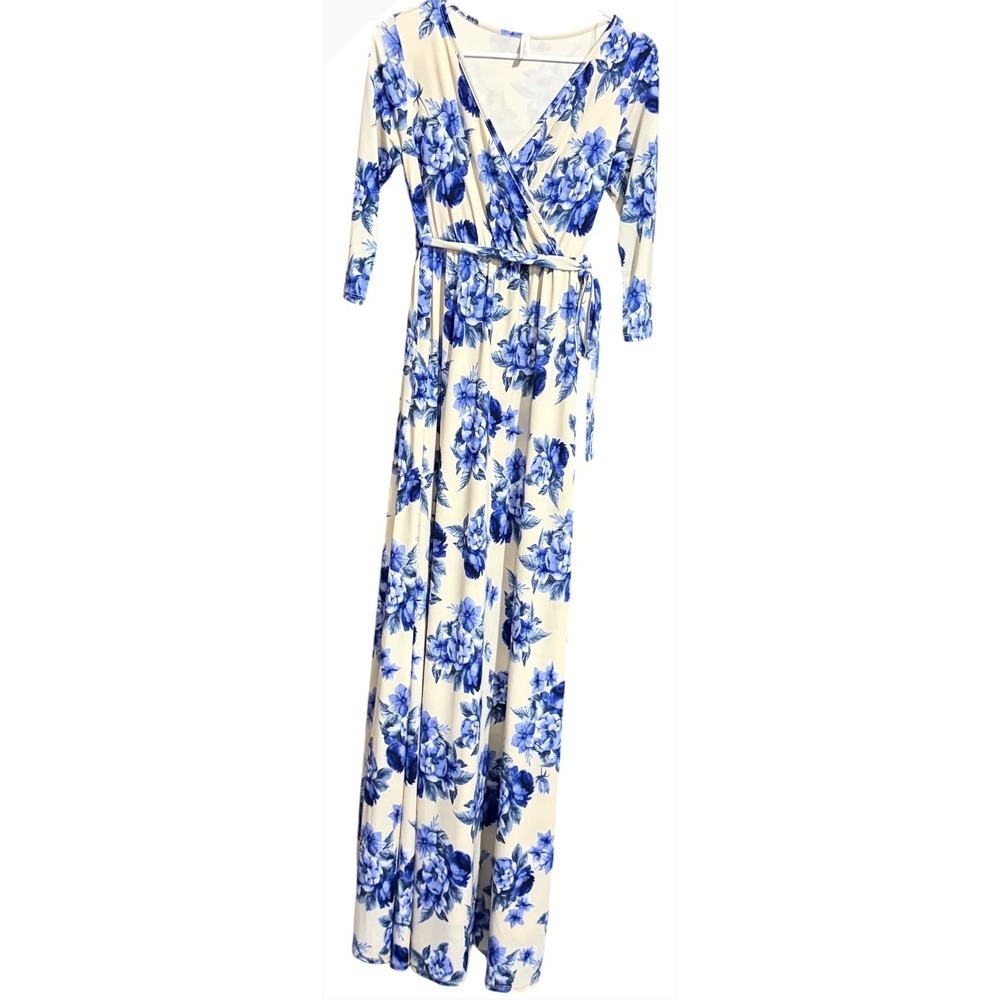 PinkBlush Blue Floral Wrap Maxi Dress 3/4 Sleeve Cream Maternity Friendly Small